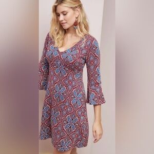 Anthropologie Maeve Barrie Sweater Dress V-Neck Knit Bell Sleeve Geometric XL